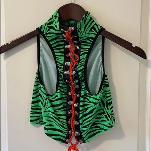 Club Exx neon green + black zebra print crop top